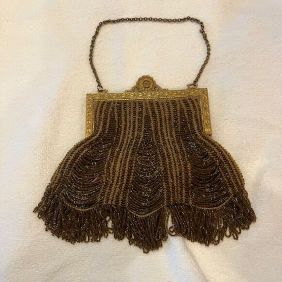 Vintage 1910's-1920's (Edwardian Era) Gold and Brown Beaded Evening Bag - Picture 1 of 16